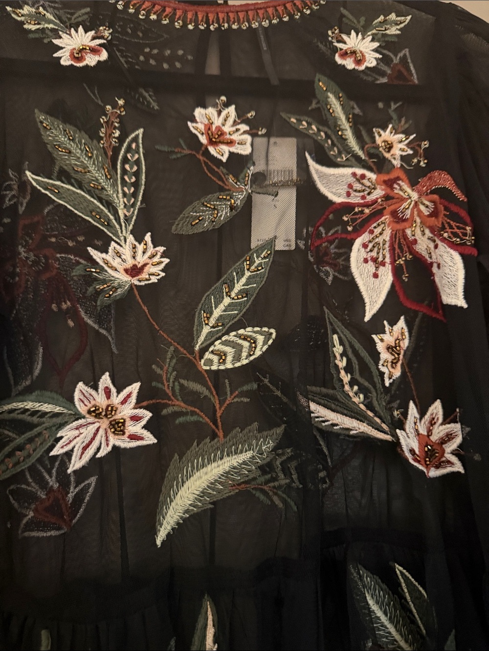 Anthropologie Black Sheer Floral-Embroidered Long Sleeve Blouse - Picture 3 of 6